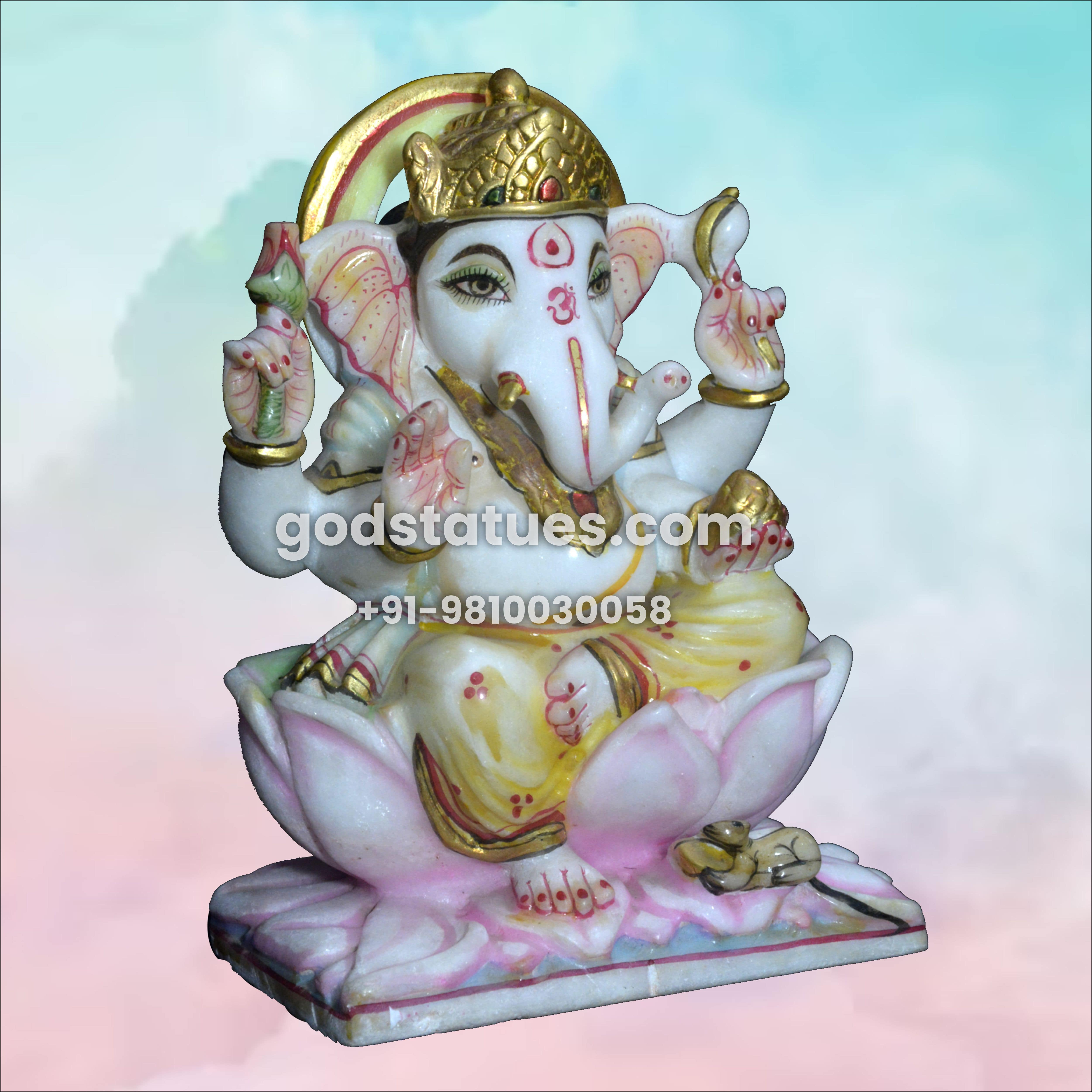 Ganesh Ji sitting on Lotus with Golden Laddu Marble Statue God Statues 2