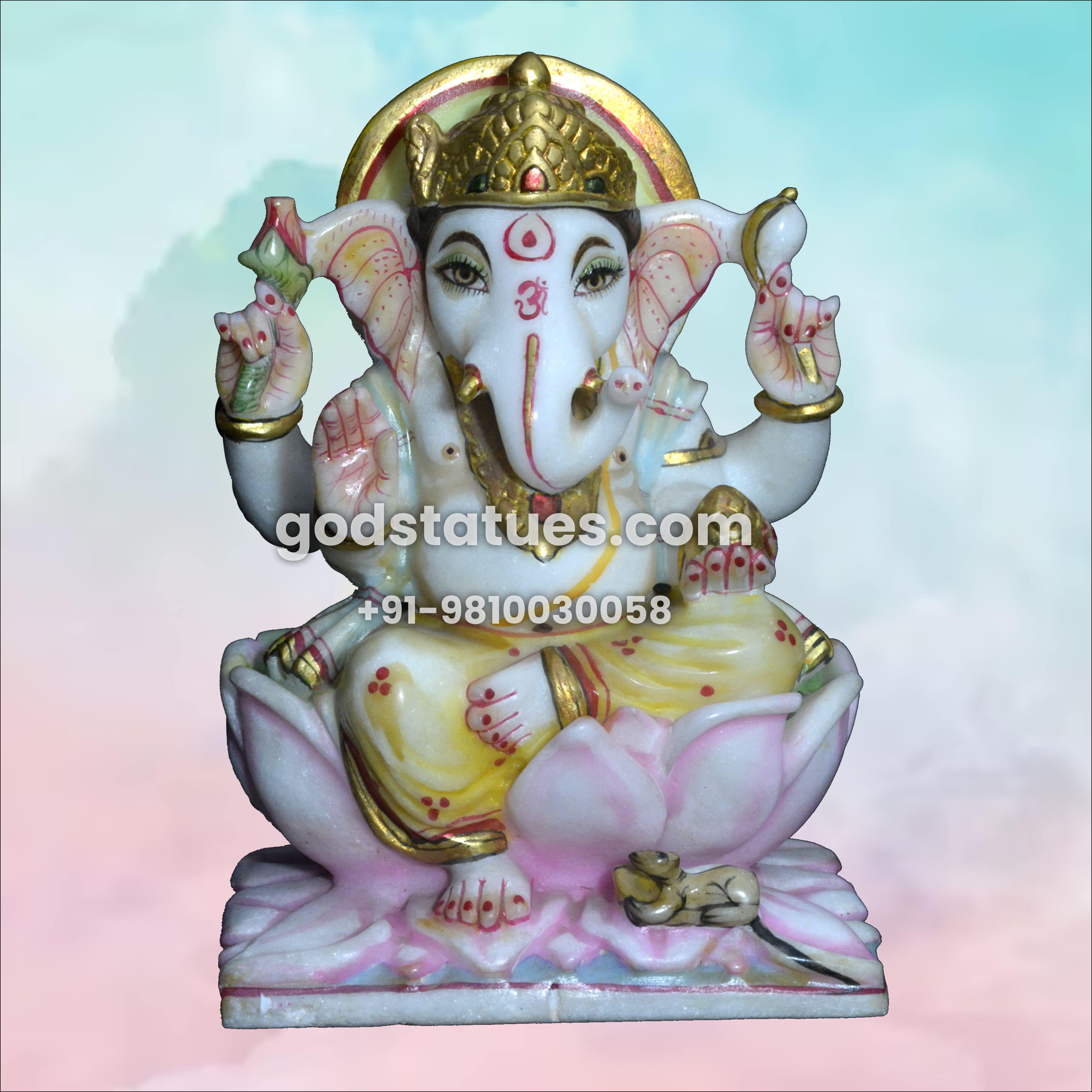 Ganesh Ji sitting on Lotus with Golden Laddu Marble Statue God Statues