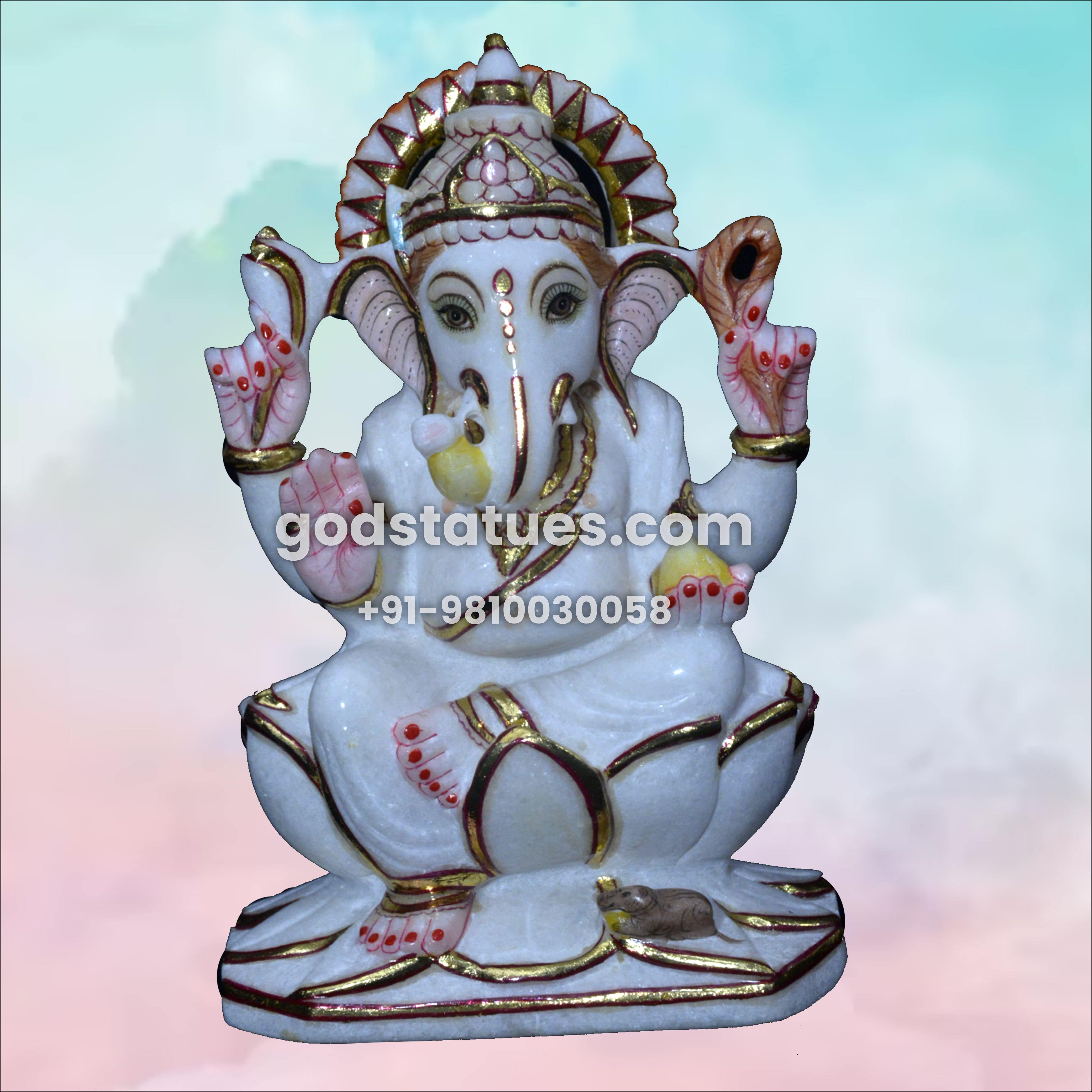 Ganesha Marble Statue sitting on Lotus God Statues