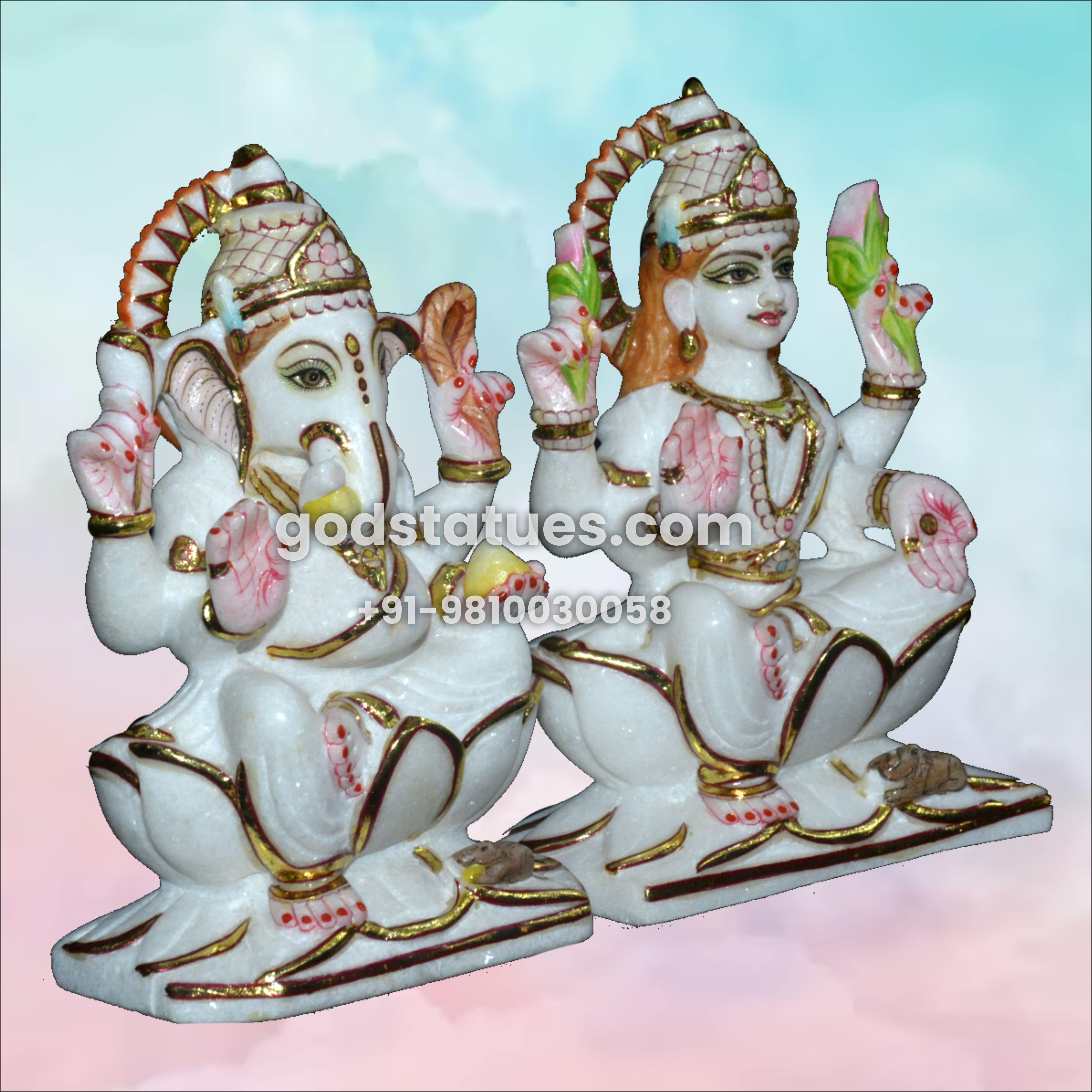 Lakshmi-Ganesh sitting on Lotus Marble Statue God Statues 1