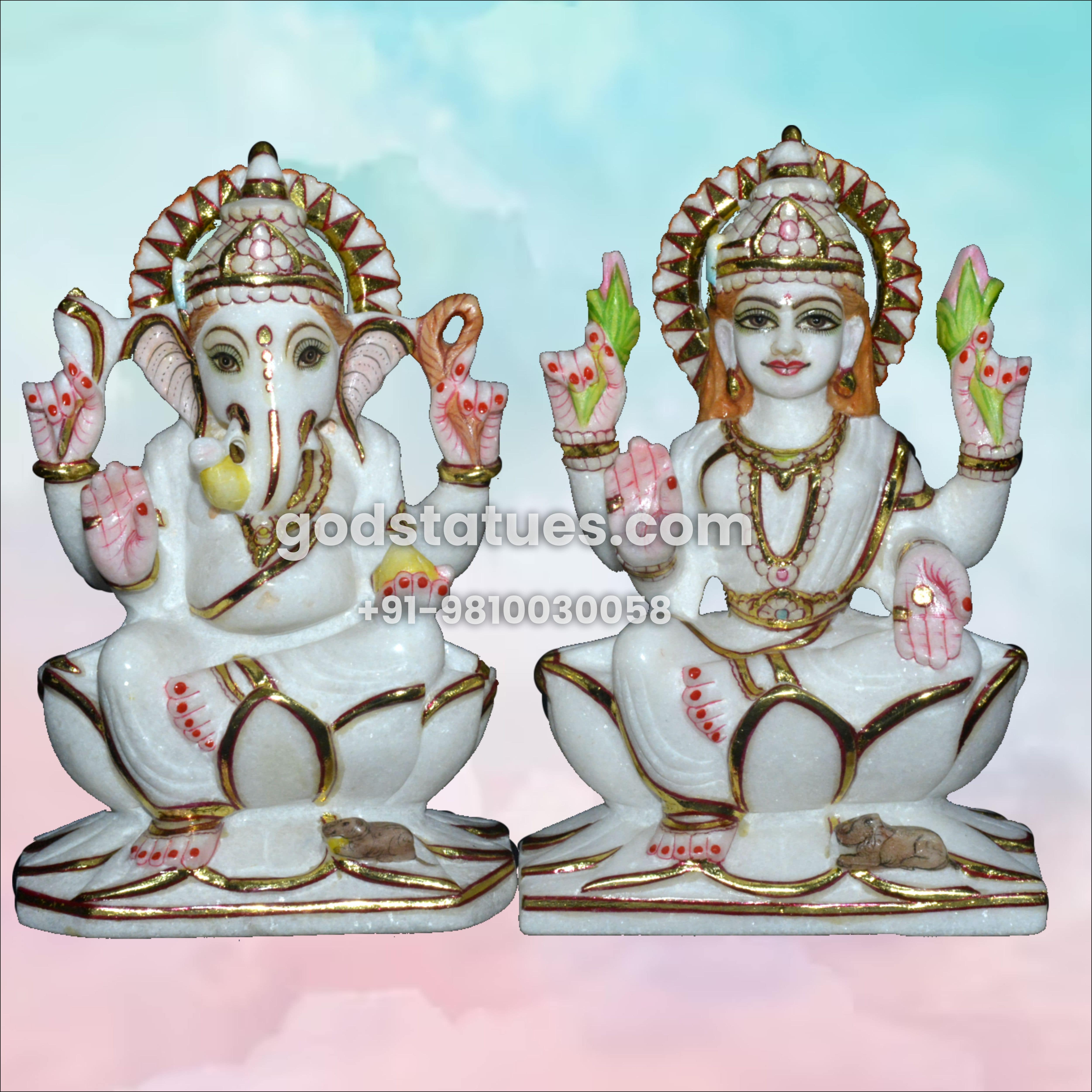 Lakshmi-Ganesh sitting on Lotus Marble Statue God Statues