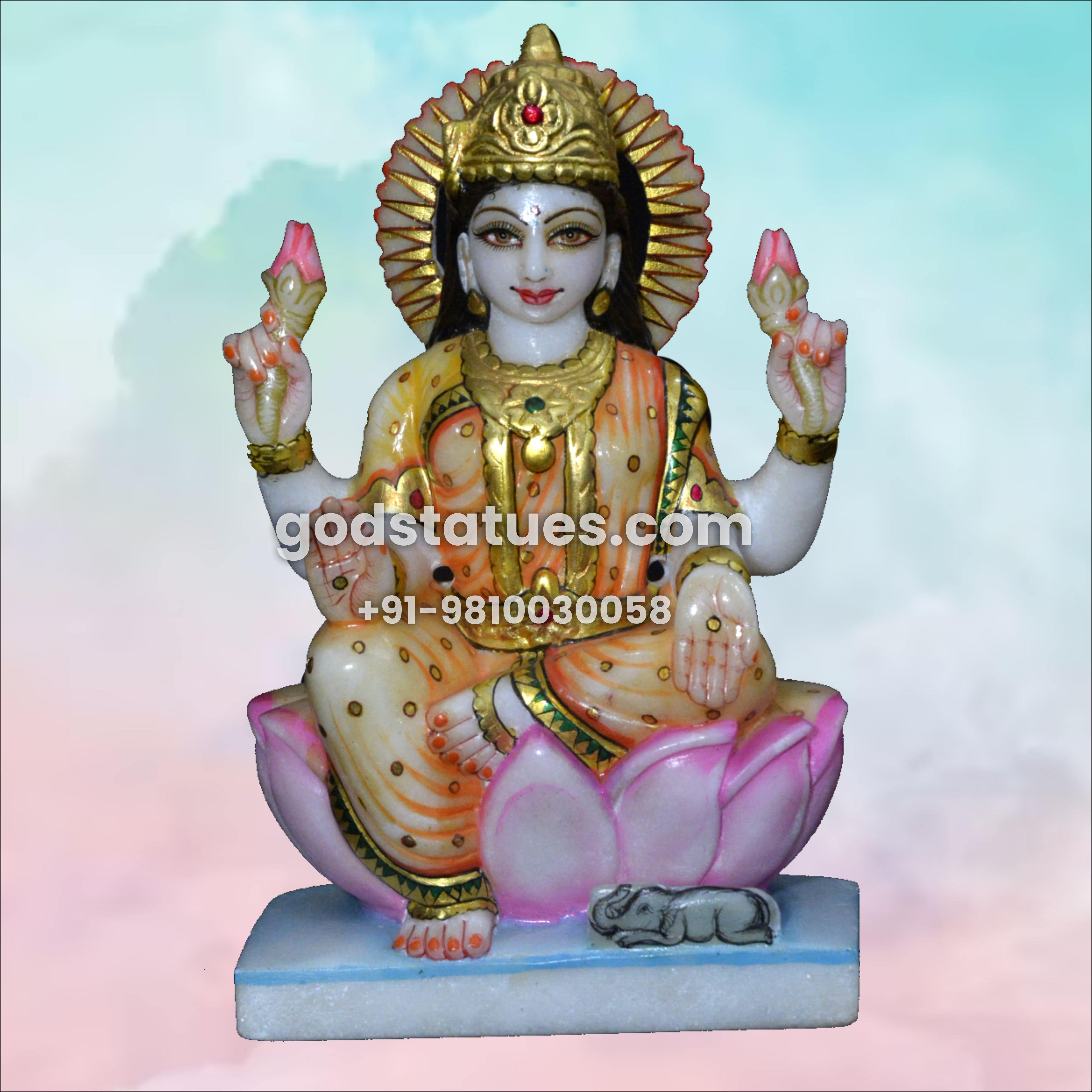 Maa Lakshmi sitting on a Lotus Marble Statue God Statues