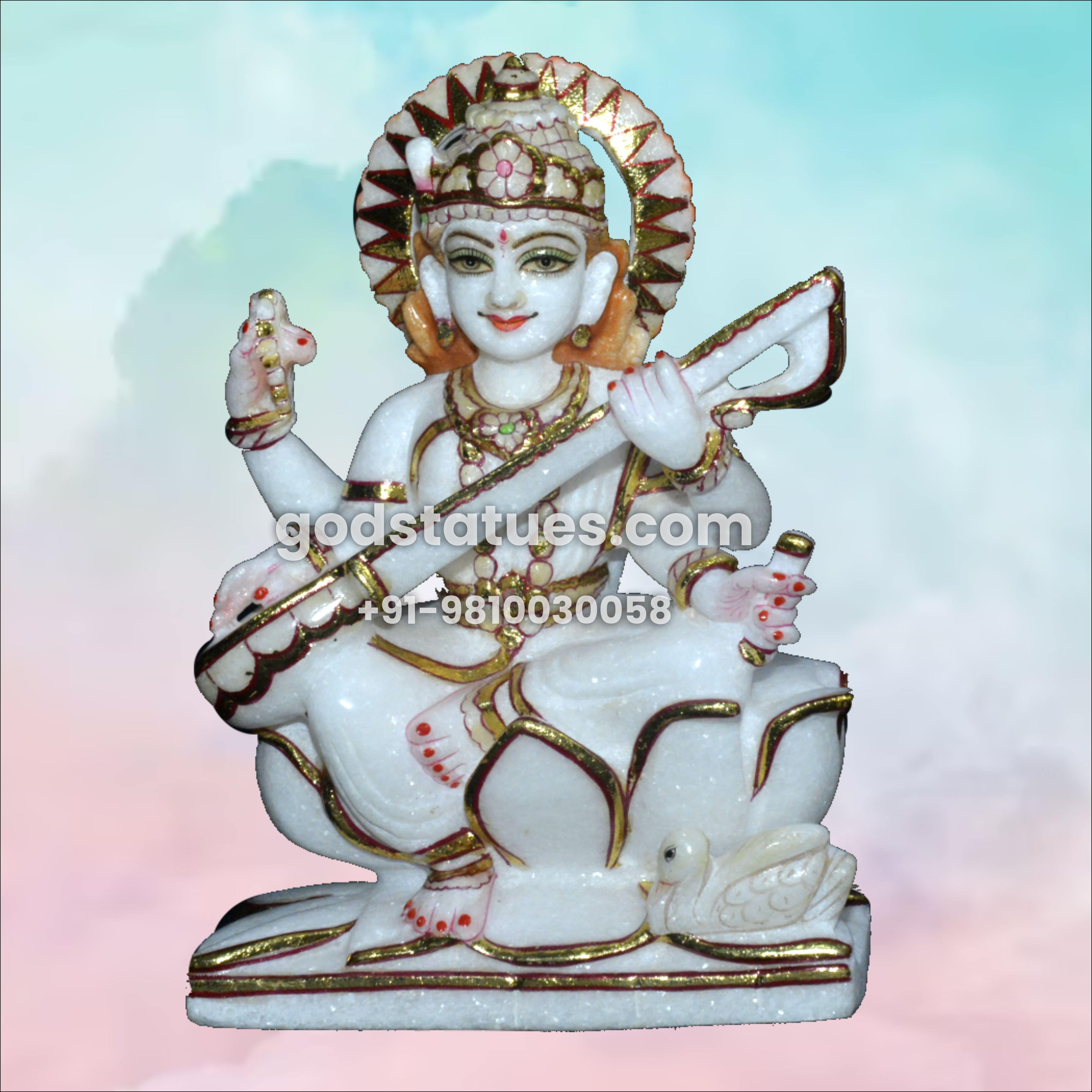 Saraswati Maa sitting on a Lotus Marble Statue God Statues